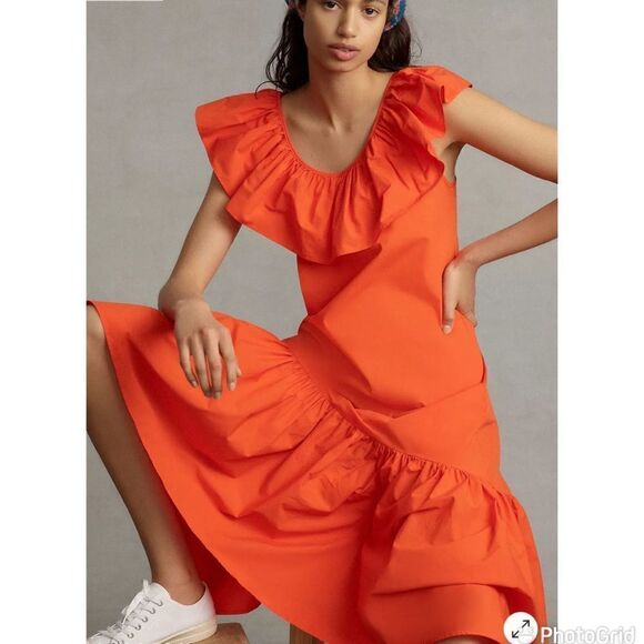 NEW WHIT TWO Anthropologie Flouncy Ruffle Midi Dress Orange XS Petite - Picture 14 of 15